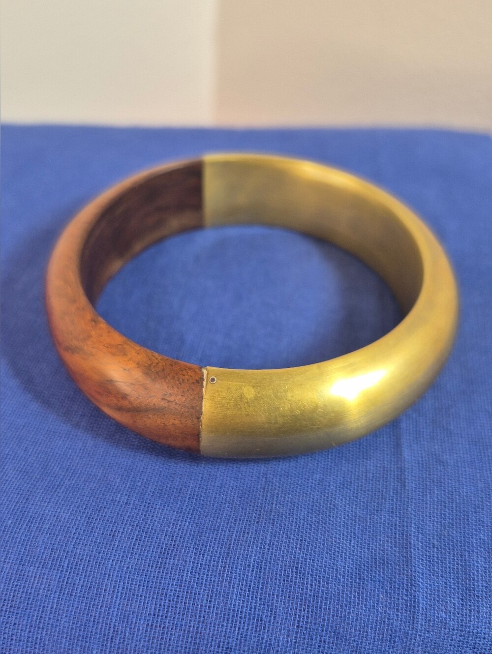 Vintage Wood & Brass Bangle Bracelet Chunky Modernist Boho Statement